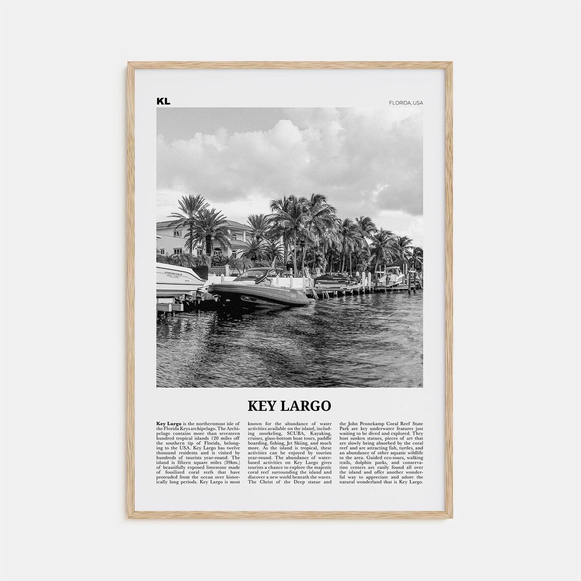 Key Largo Black and White Travel Poster, Florida Map
