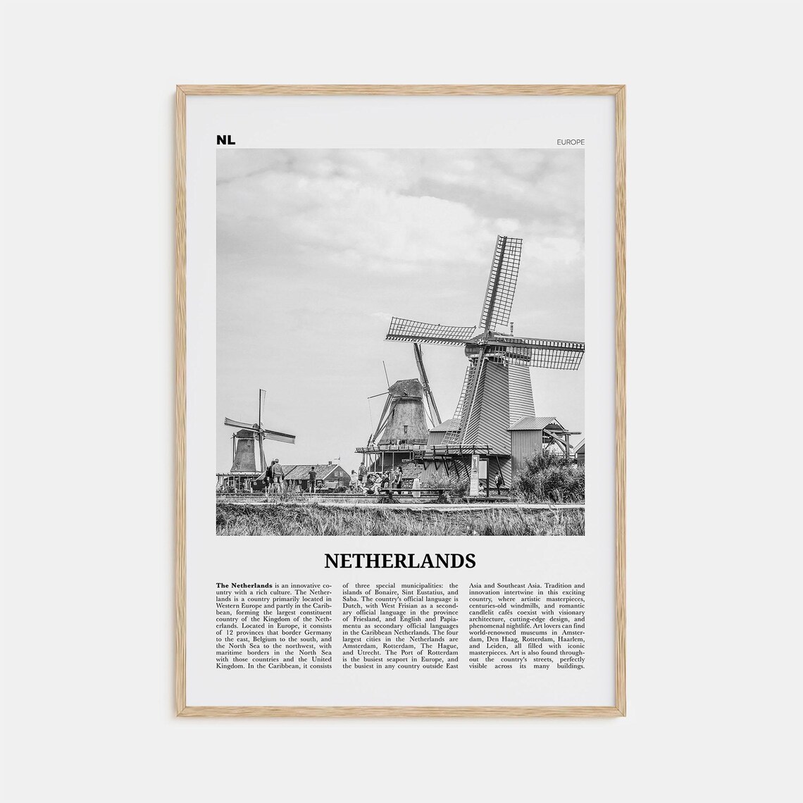 Netherlands Black And White Travel Poster, Europe
