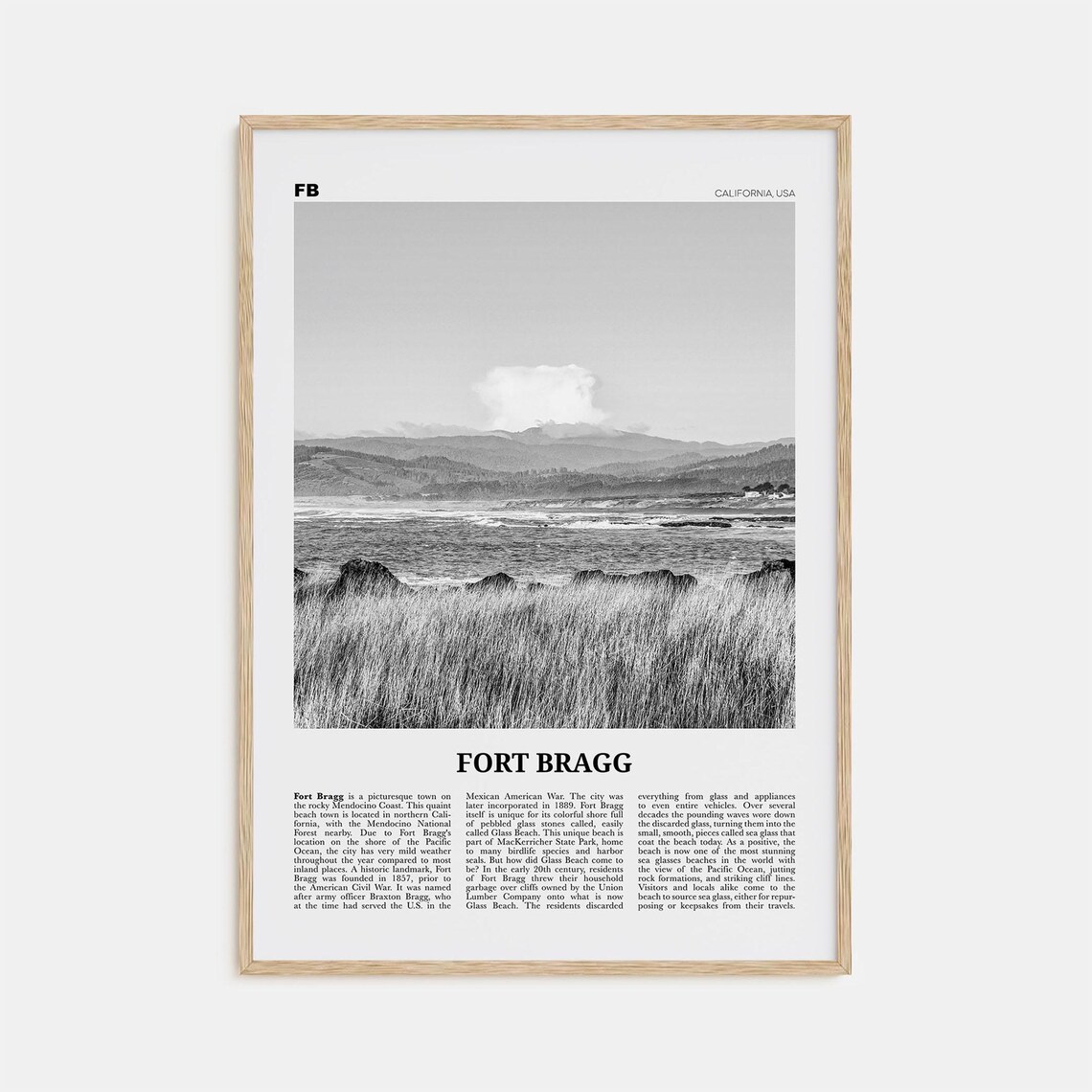 Fort Bragg Black and White Travel Poster, California