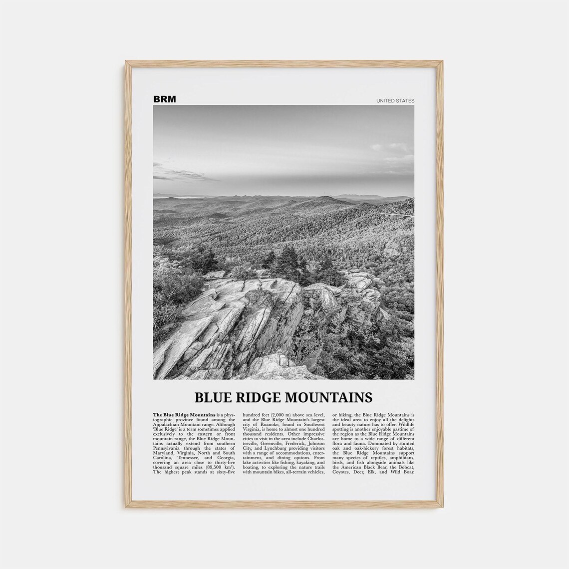 Blue Ridge Mountains Black and White Art Print