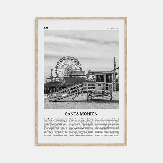 Santa Monica Black and White Travel Poster, California