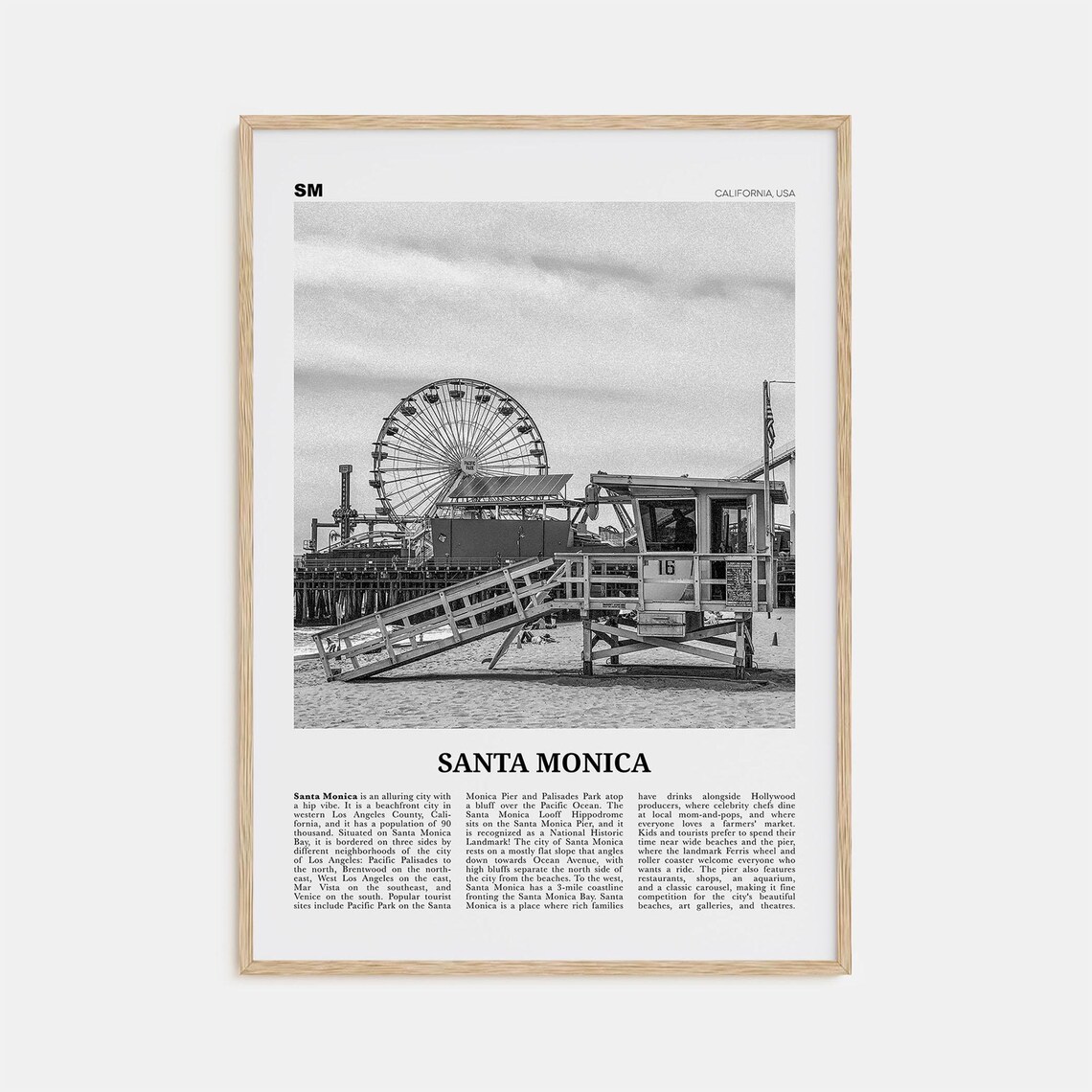 Santa Monica Black and White Travel Poster, California