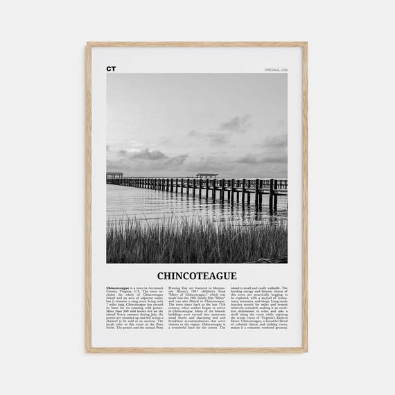 Chincoteague Black and White Travel Poster, Virginia USA