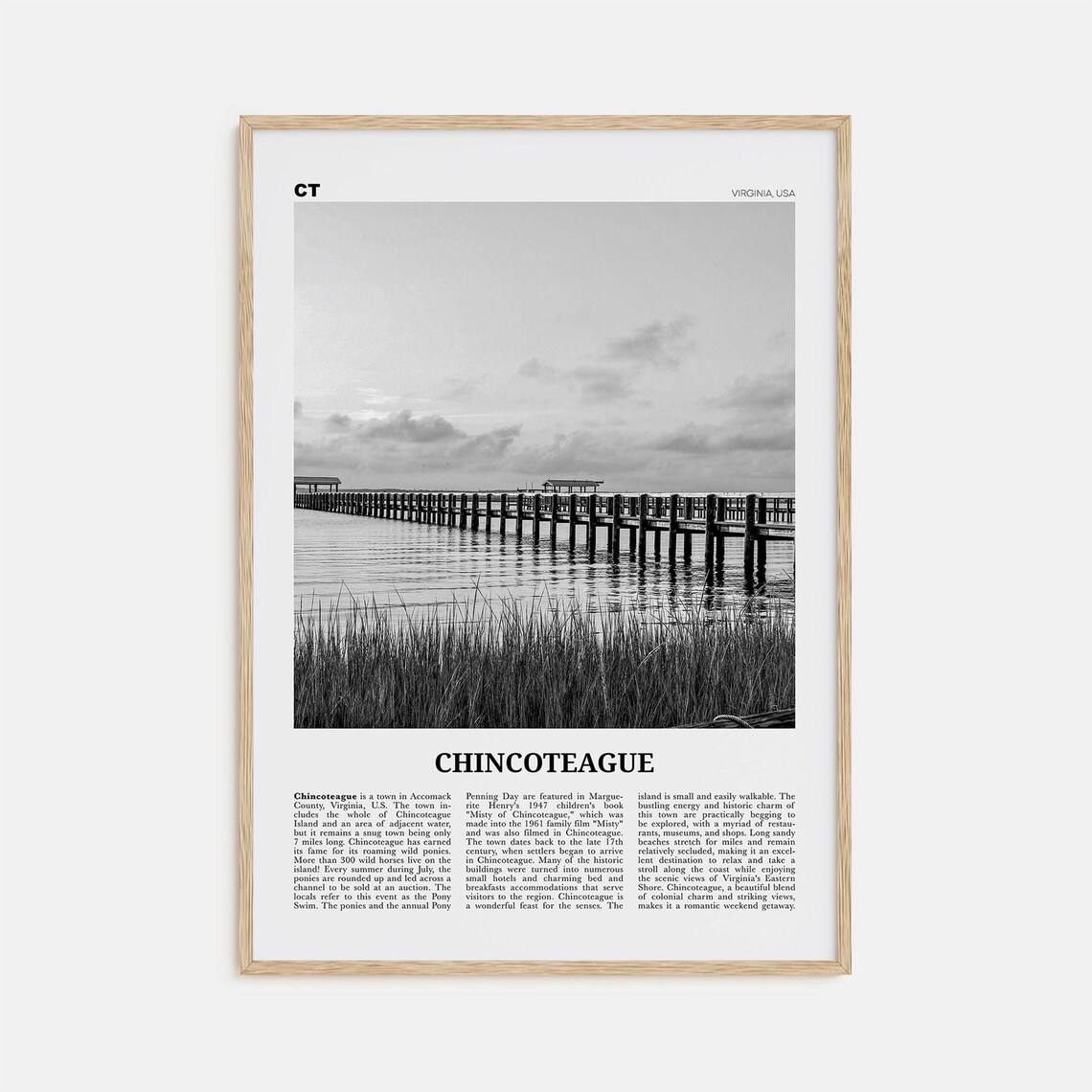 Chincoteague Black and White Travel Poster, Virginia USA