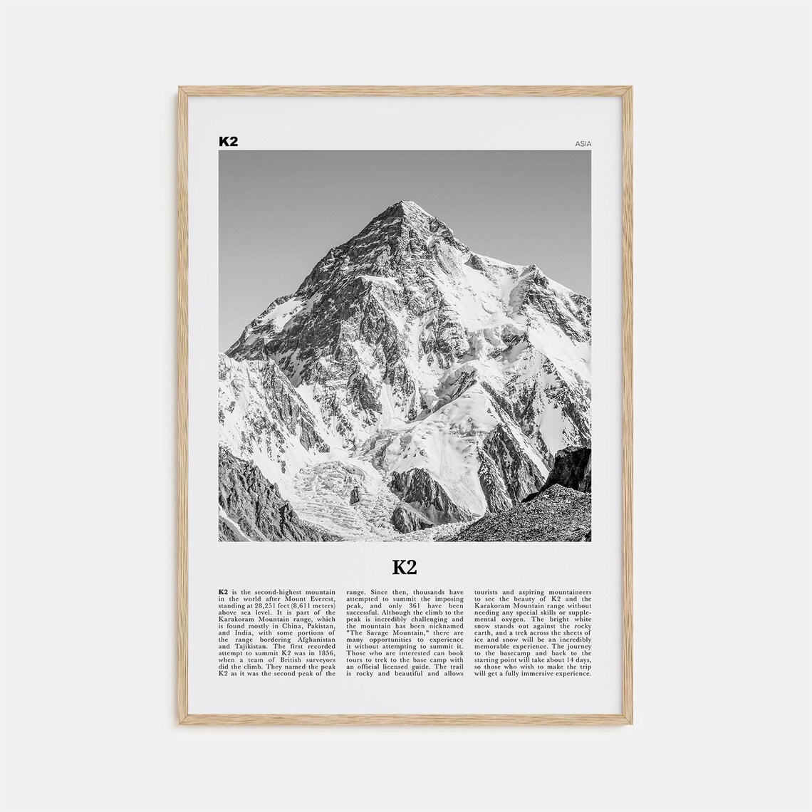 K2 Black and White Travel Poster, Karakoram Range