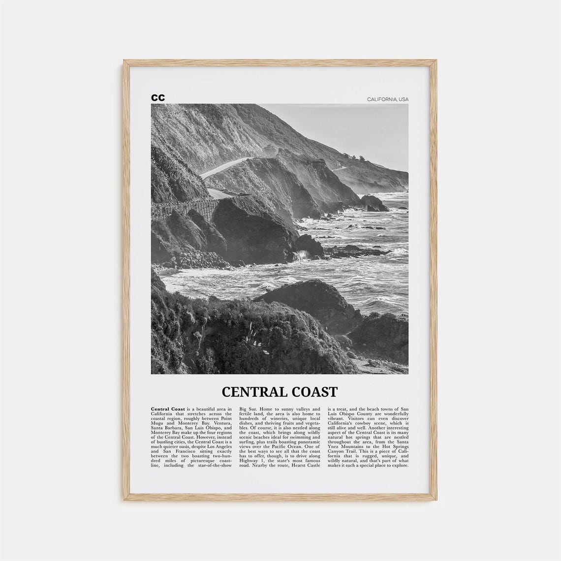 Central Coast Black and White California Travel Poster