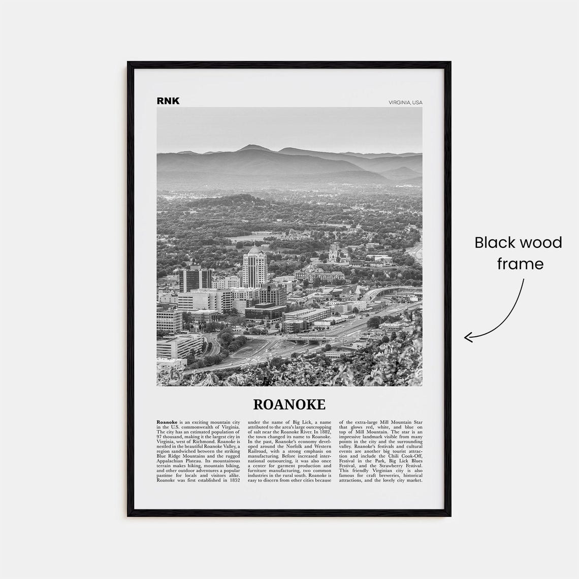 Roanoke, Virginia Black and White Travel Poster - Image 3