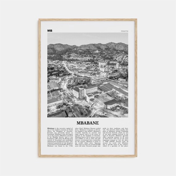 Mbabane Black and White Map Art Print, Eswatini
