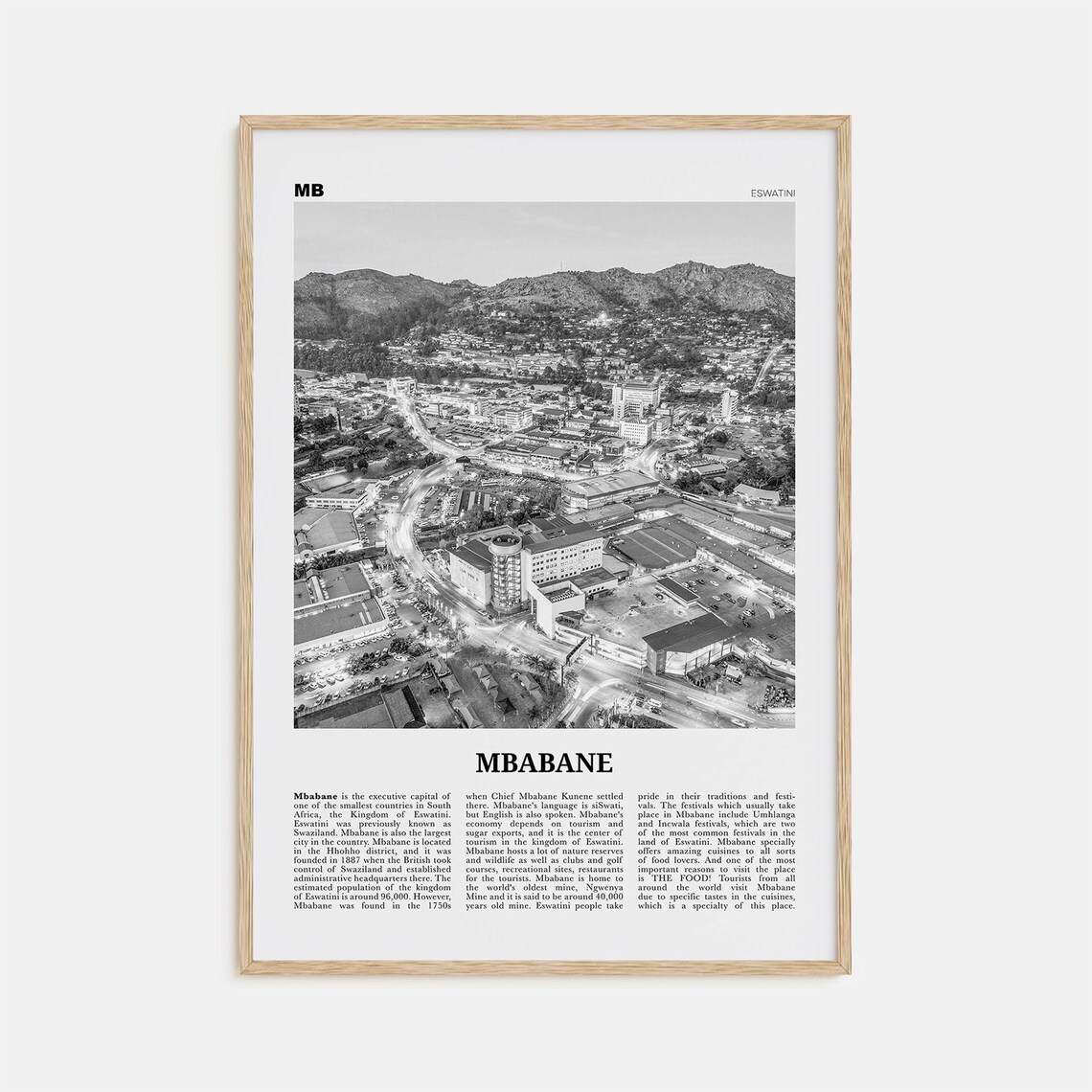 Mbabane Black and White Map Art Print, Eswatini
