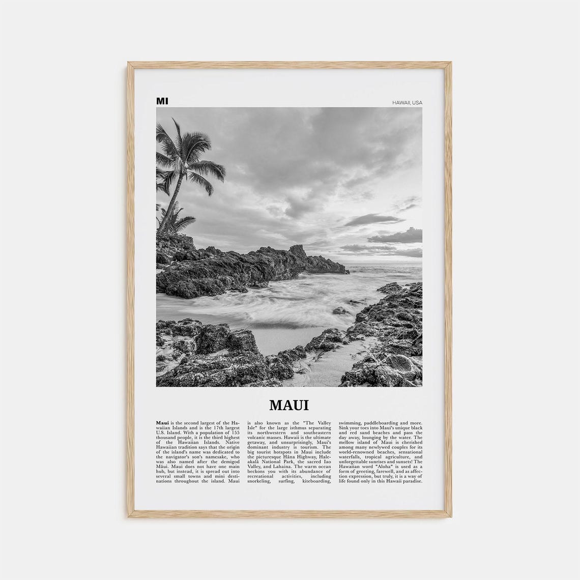 Maui Black and White Travel Poster, Hawaii