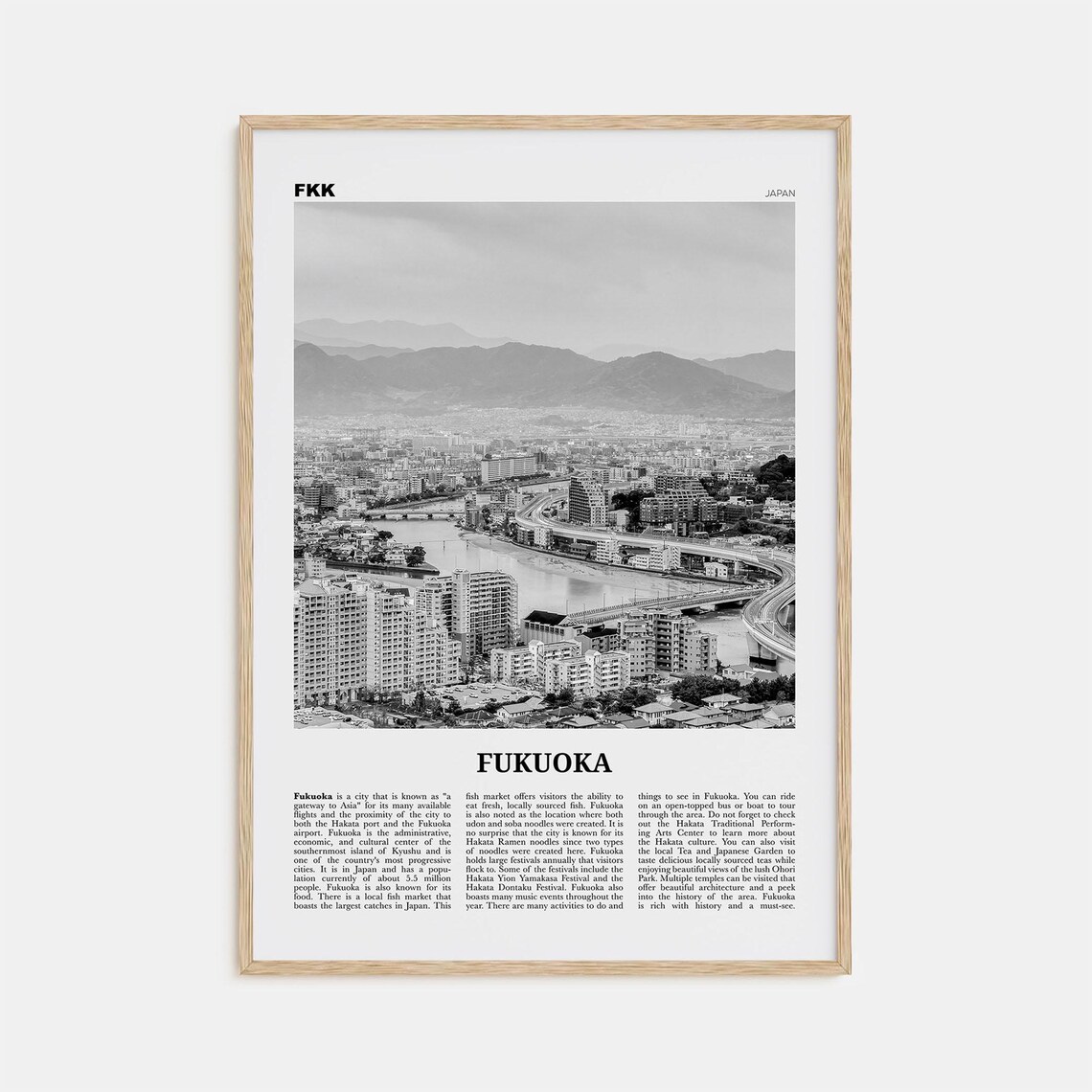 Fukuoka Black and White Travel Poster, Kyushu Japan