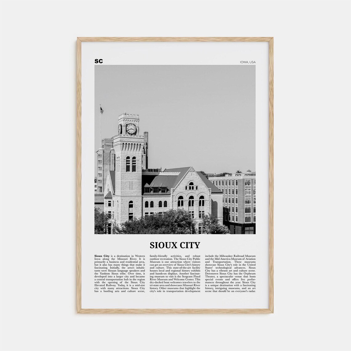 Sioux City Black and White Travel Poster, Iowa