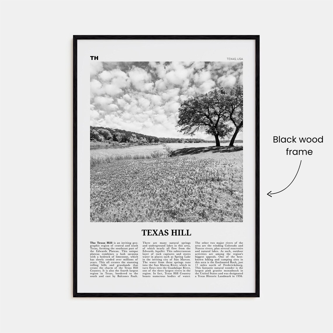 Texas Hill Black and White Travel Poster Print - Image 3