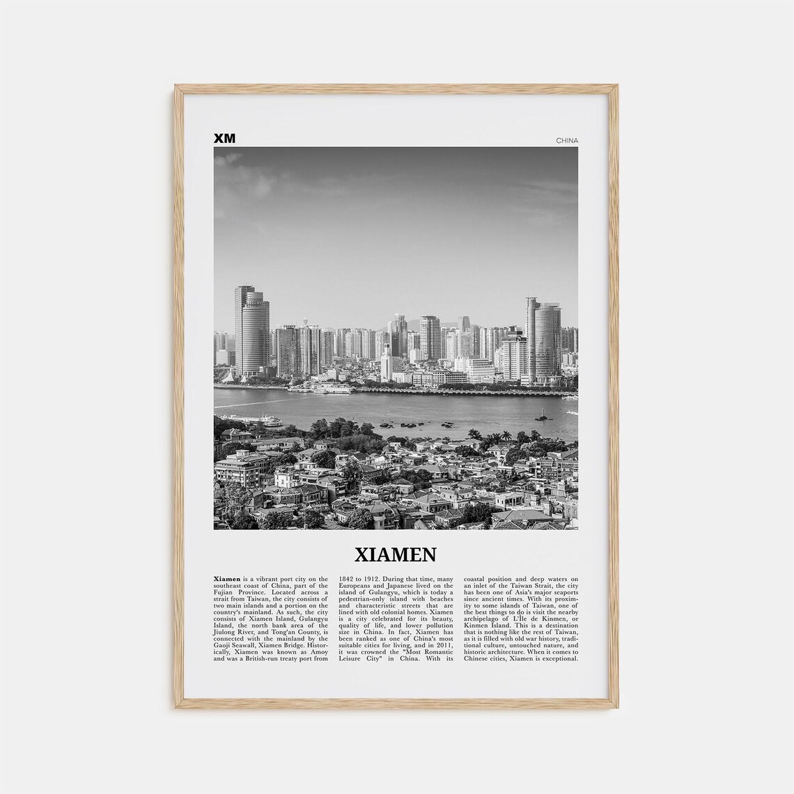 Xiamen Black and White Travel Poster, China Map