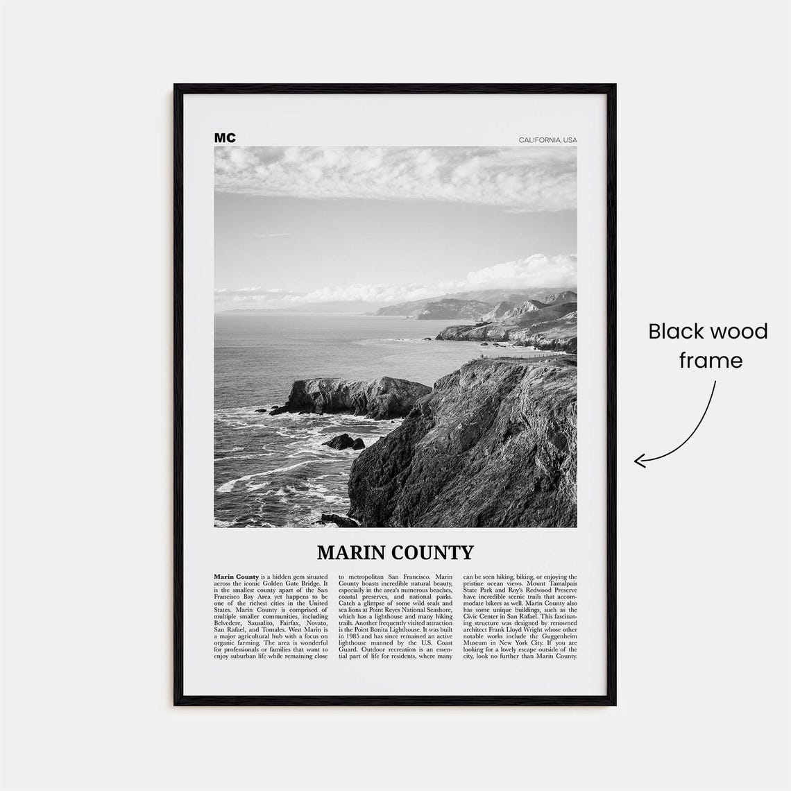 Marin County Black and White Travel Poster, California - Image 3