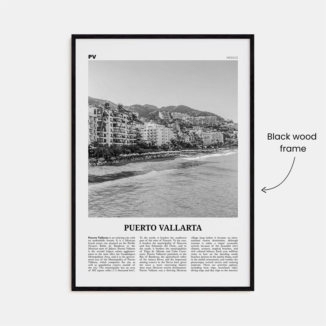 Black and White Puerto Vallarta Travel Poster, Mexico - Image 3