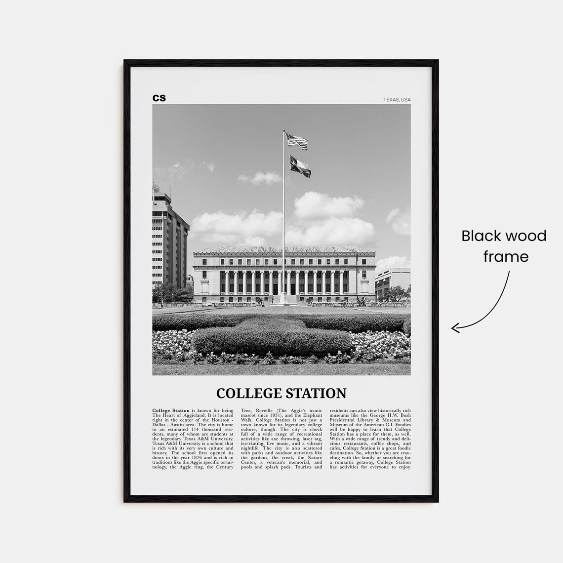 College Station Black and White Travel Poster - Image 3