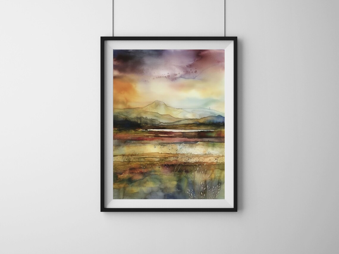 Abstract Mountain Lake Sunset Watercolor Landscape Painting Poster - Image 3
