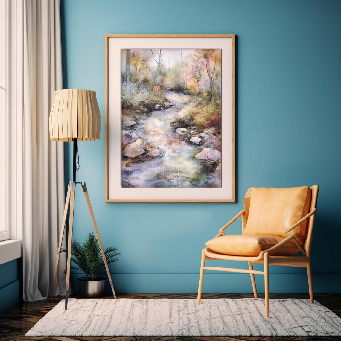 Autumn Forest Stream Rocky Creek Misty Watercolor Nature Poster - Image 3