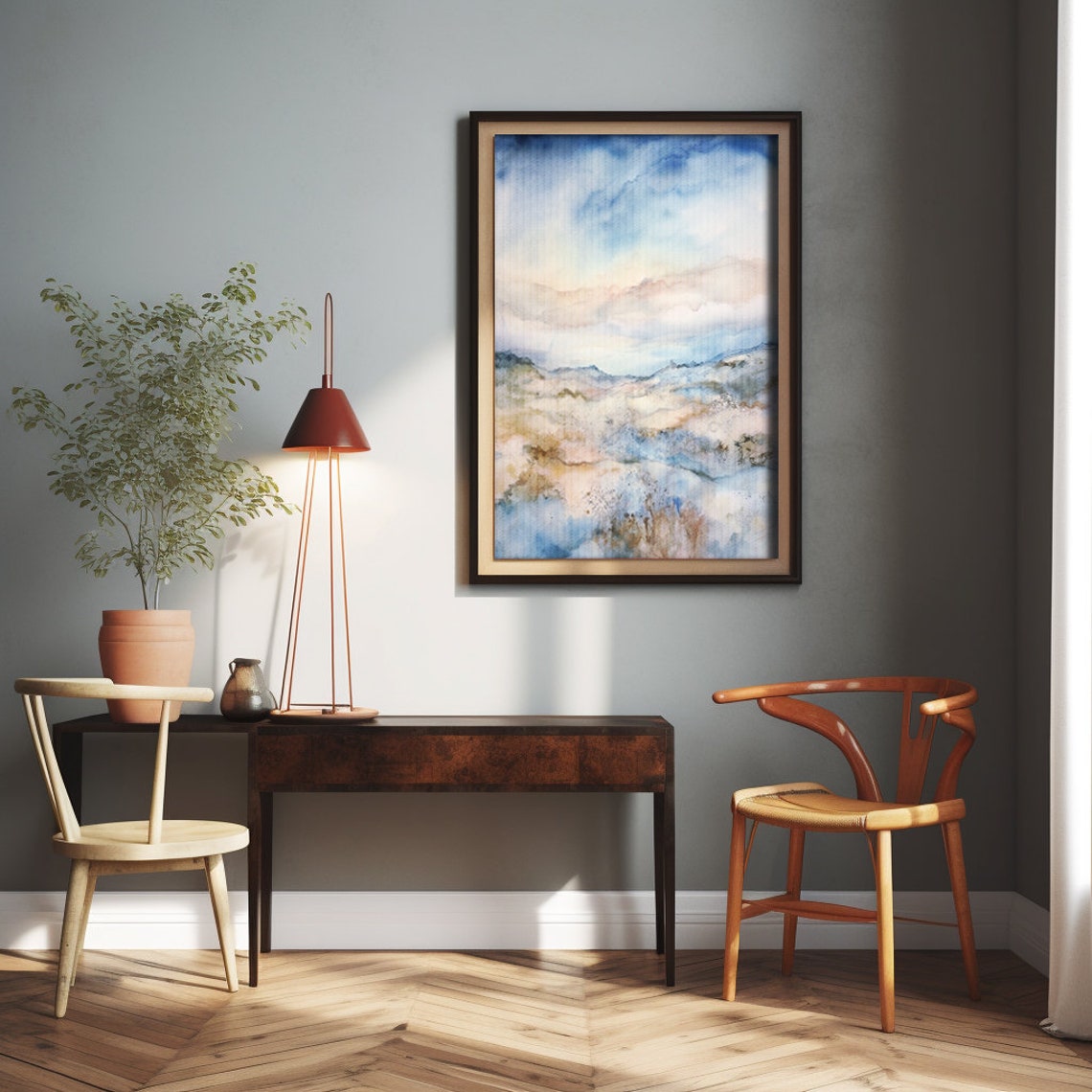 Blue White Gold Abstract Watercolor Coastal Landscape Poster - Image 3