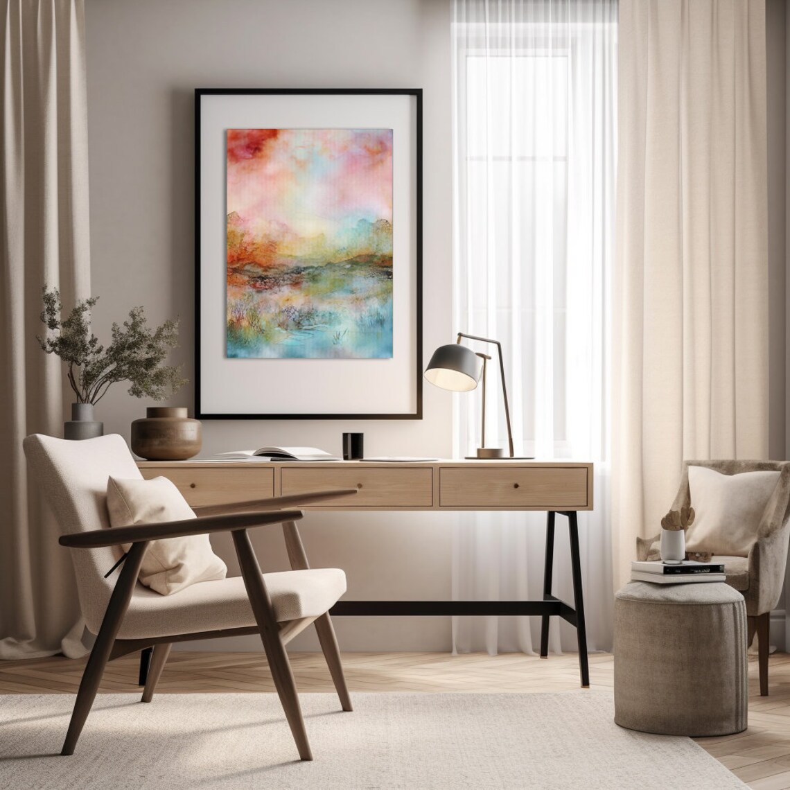 Warm Abstract Watercolor Landscape Sunset Dreamy Painting Poster - Image 3