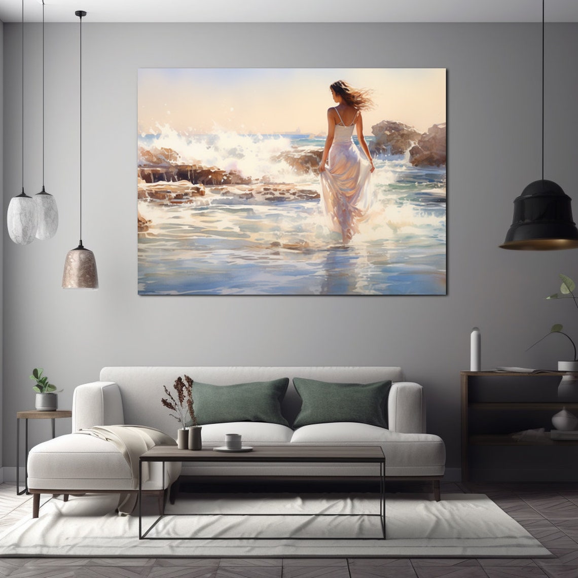 Watercolor Painting Of Woman Walking In Shallow Ocean Waves Beach House Costal Living Decor Shores Of Serenity - Image 3