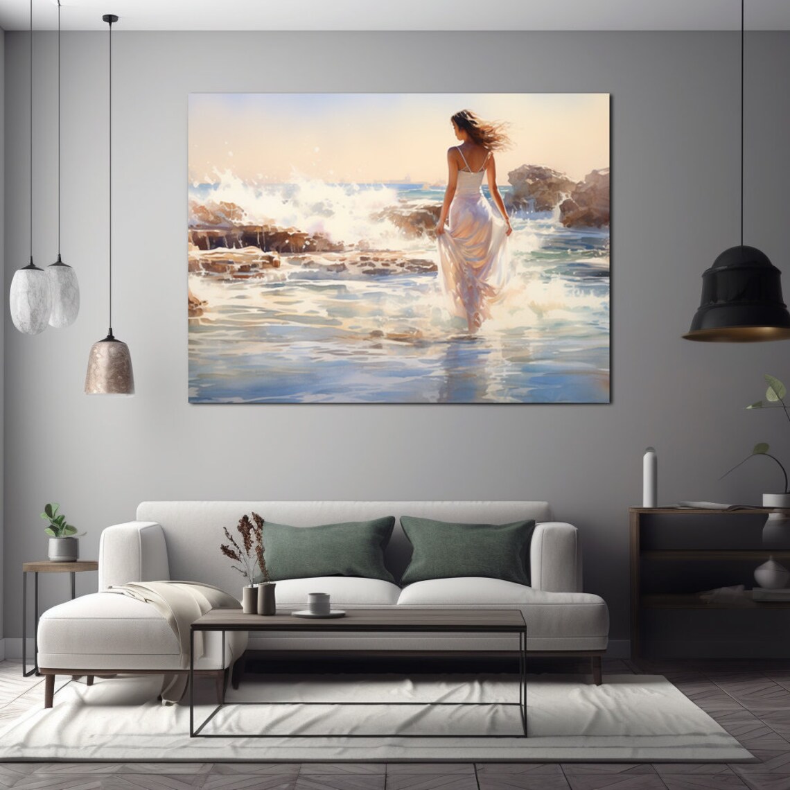 Woman In White Dress Walking Ocean Waves Sunset Watercolor Poster - Image 3