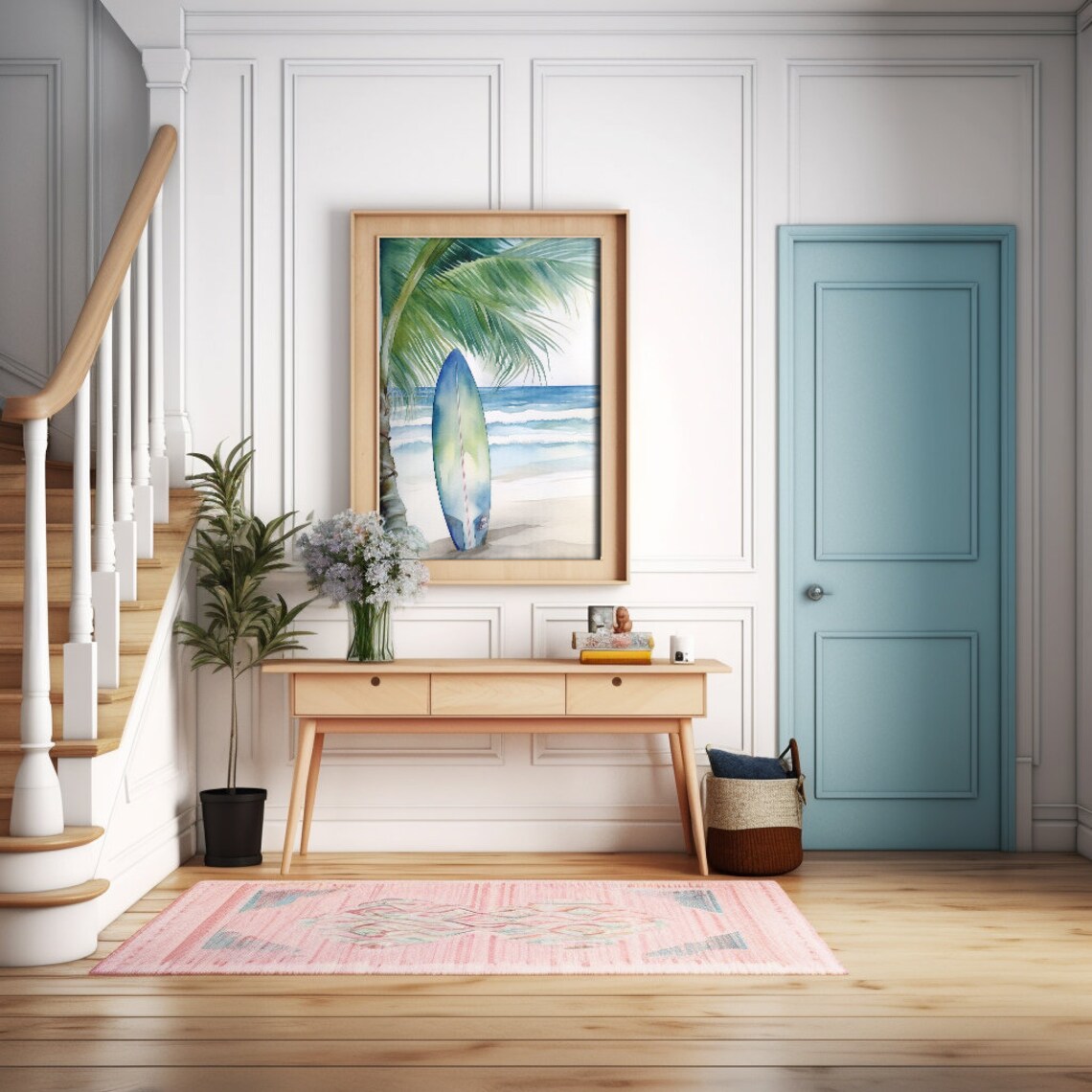 Surfboard Palm Tree Beach Watercolor Art Print - Image 2