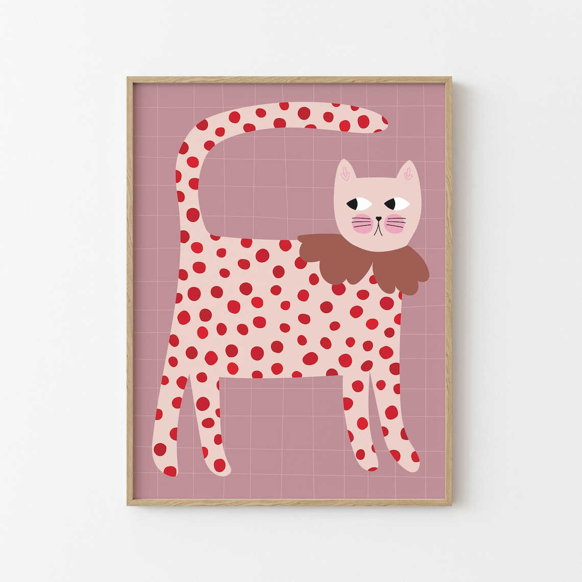 Cat Print Red Polka Dots Poster for Kids Room