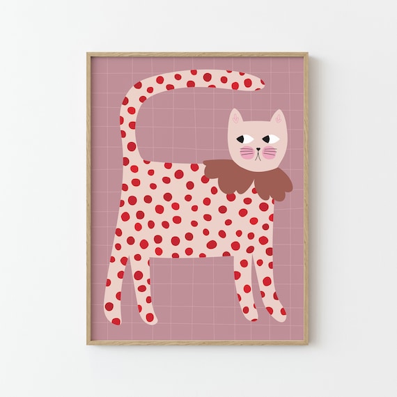 Cat Print Red Polka Dots Poster for Kids Room