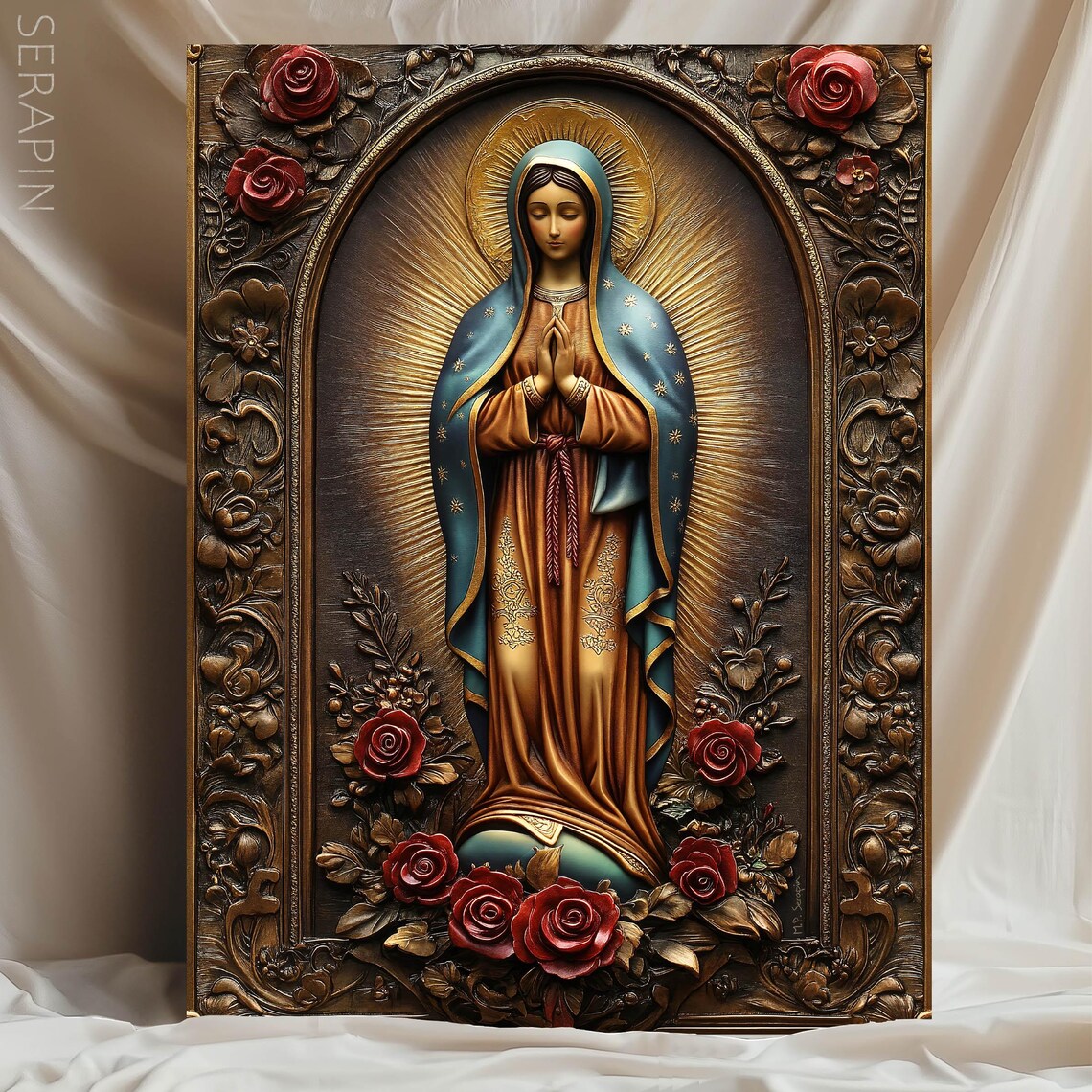 Our Lady Of Guadalupe Carved Wood Style With Red Roses Border Marian Poster - Image 6