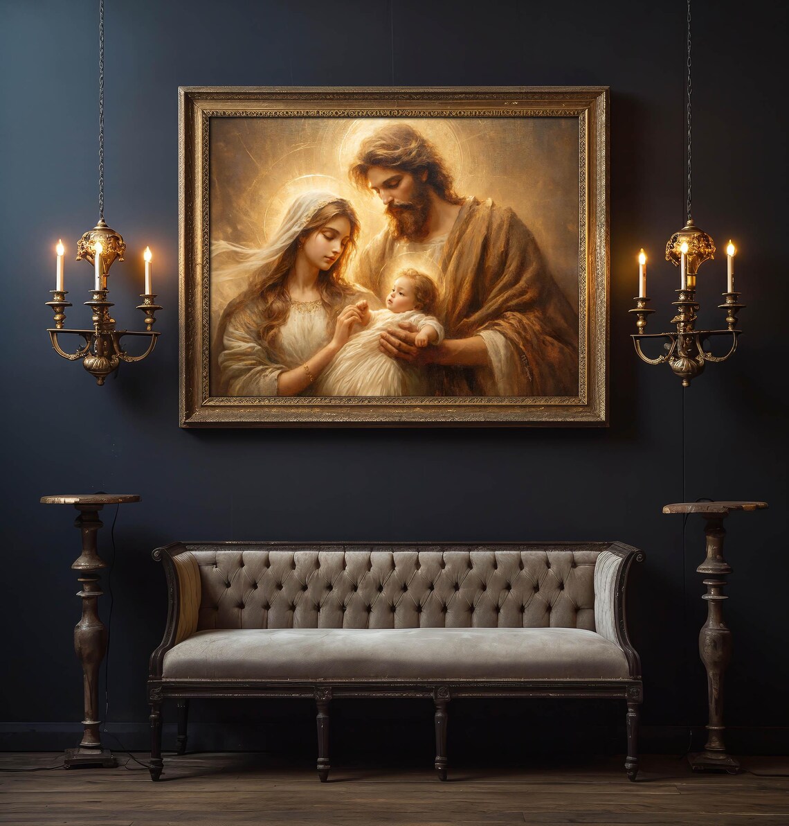 Holy Family Joseph Holding Infant Jesus With Mary Golden Halo Catholic Poster - Image 5