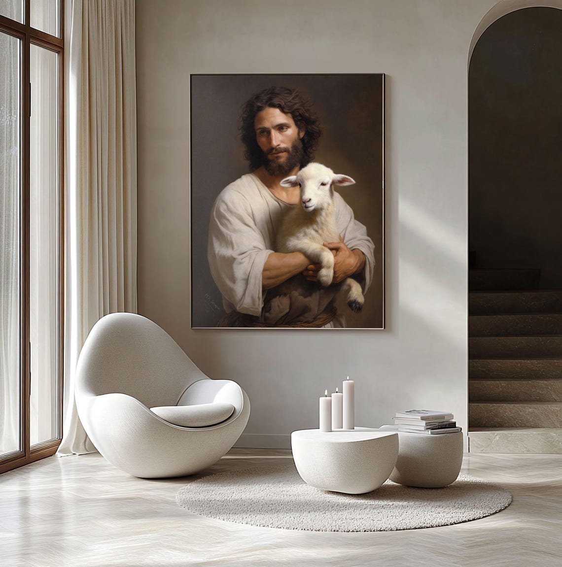 Jesus The Good Shepherd Holding A White Lamb Religious Art Print - Image 4