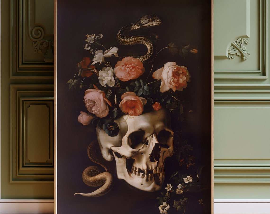 Skull Art Print Floral Skull Painting Moody Skull Print Gothic Decor Dark Academia Print Snakes Wall Art Goth Skeleton Print Moody Painting - Image 4