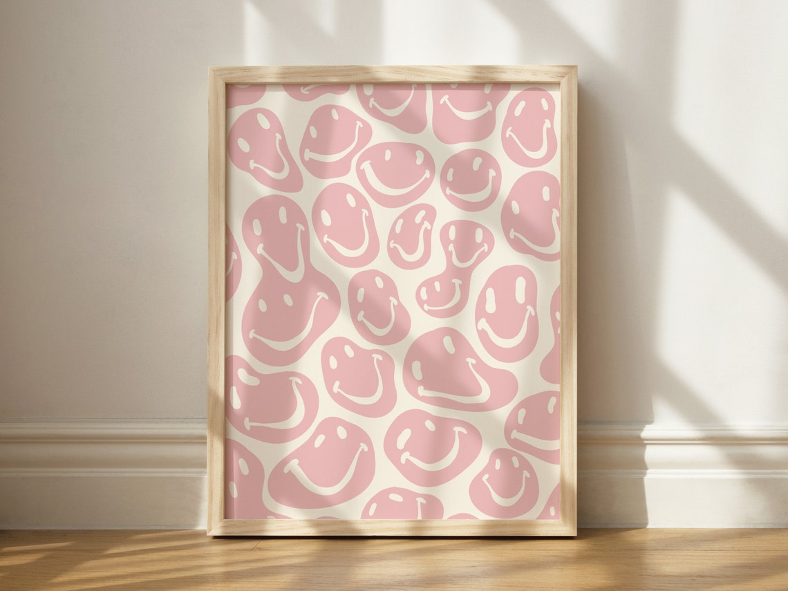 Pink Melting Smiley Faces Pattern Groovy Retro Dorm Wall Art