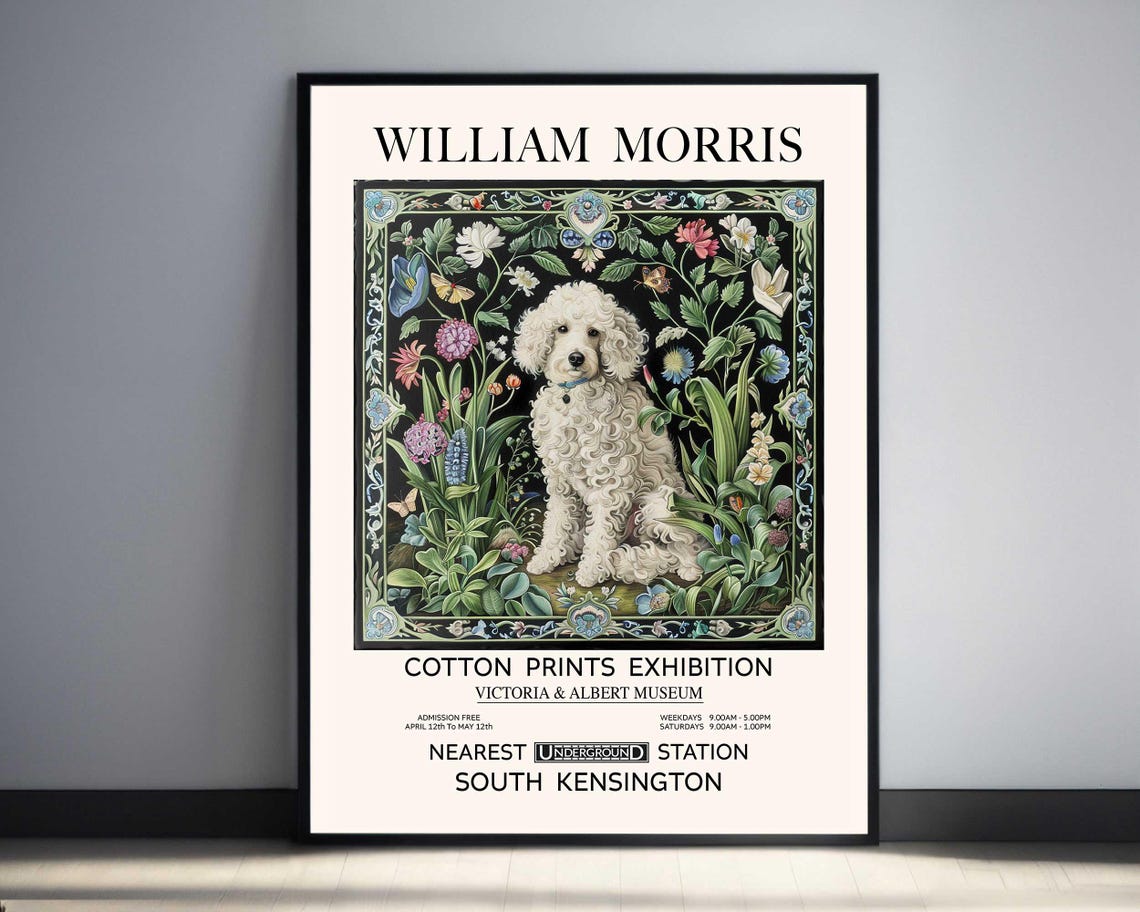 William Morris White Poodle Dark Floral Exhibition Vintage Poster