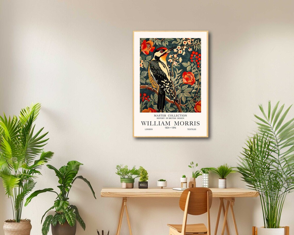 William Morris Woodpecker Perched Among Red Roses Vintage Poster - Image 2