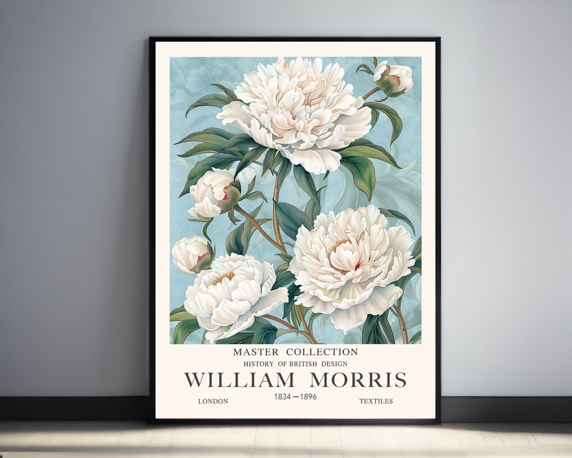 William Morris White Peonies On Blue British Design History Poster