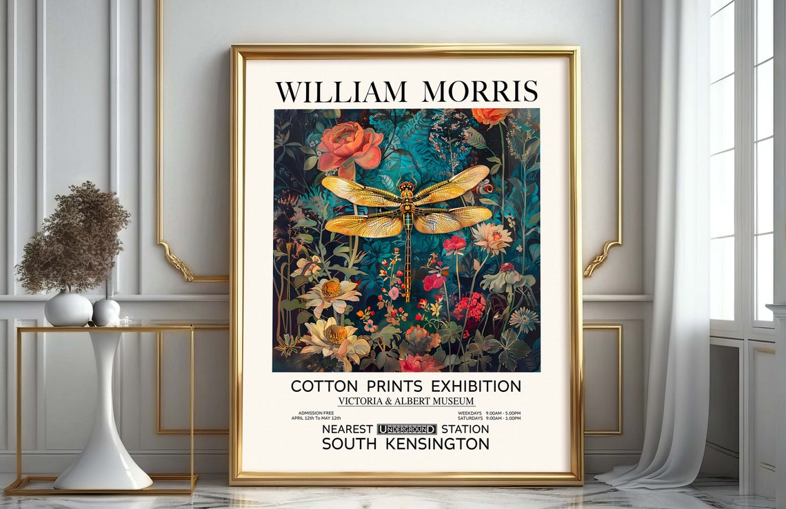 William Morris Golden Dragonfly Teal Wildflower Exhibition Poster