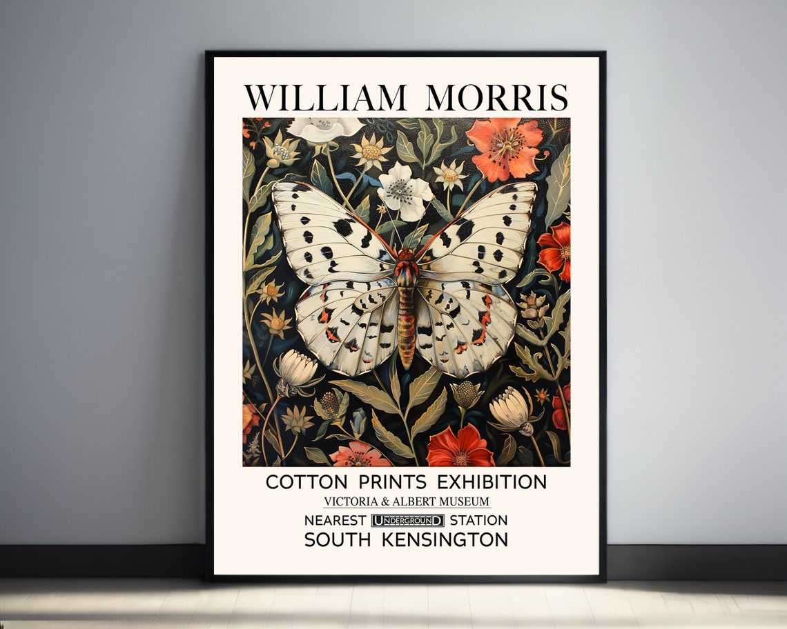 William Morris Butterfly Print Nature Inspired Arts Crafts Movement Vintage Fine Art Botanical Celestial White Wall Decor Antique Poster