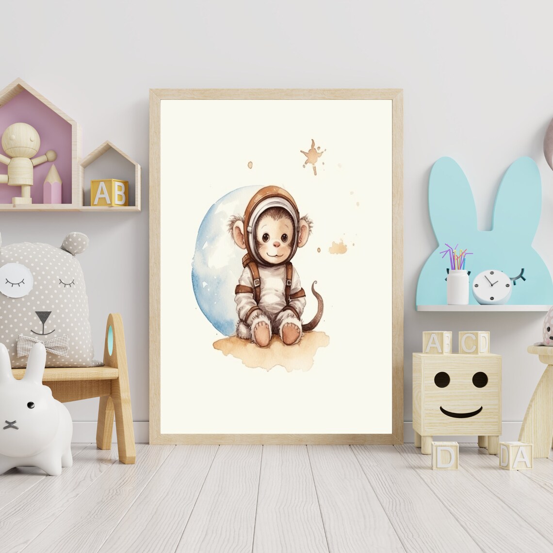 Cute Baby Monkey Astronaut In Front Of Moon Watercolor Nursery Poster - Image 3