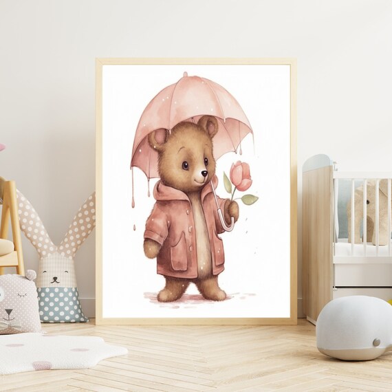 Teddy Bear Pink Raincoat Umbrella Tulip Watercolor Nursery Poster