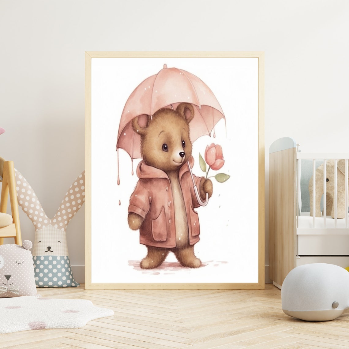 Teddy Bear Pink Raincoat Umbrella Tulip Watercolor Nursery Poster
