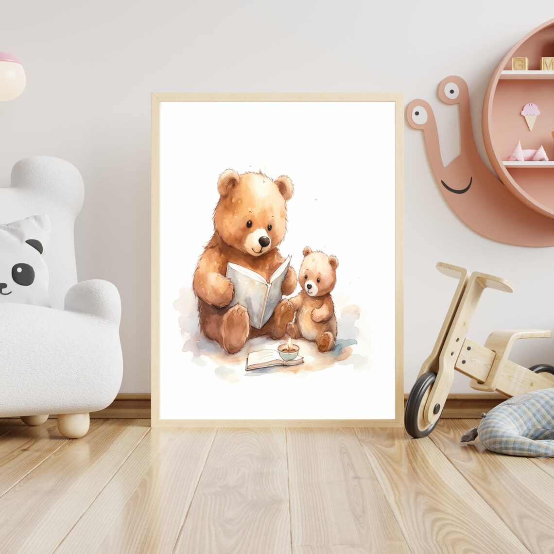 Teddy Bears Reading by Candlelight Watercolor Nursery Art Poster - Image 4