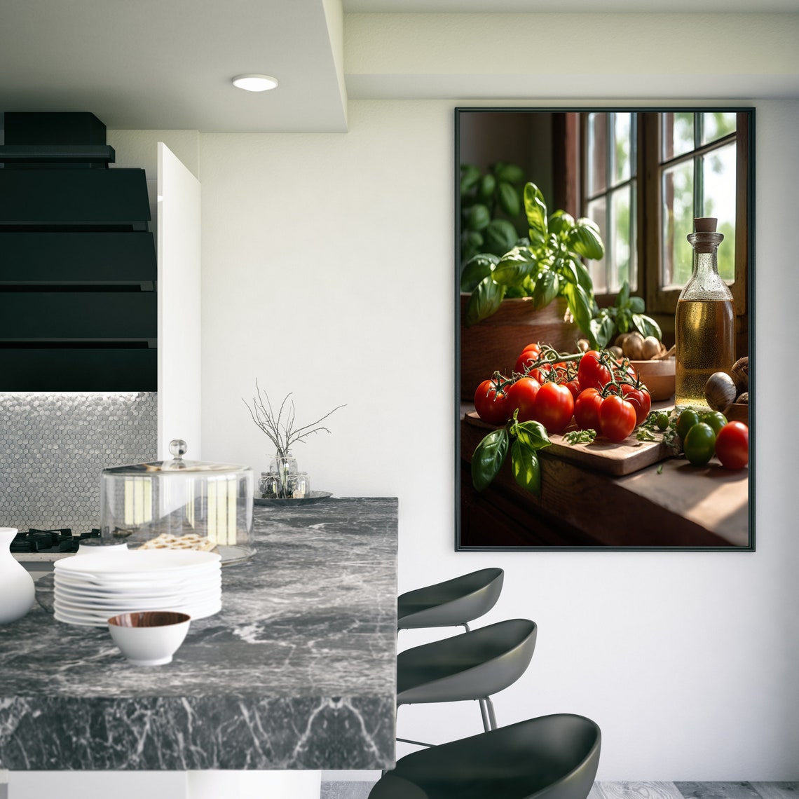 Sunlit Windowsill Cherry Tomatoes Basil Olive Oil Still Life Poster - Image 3