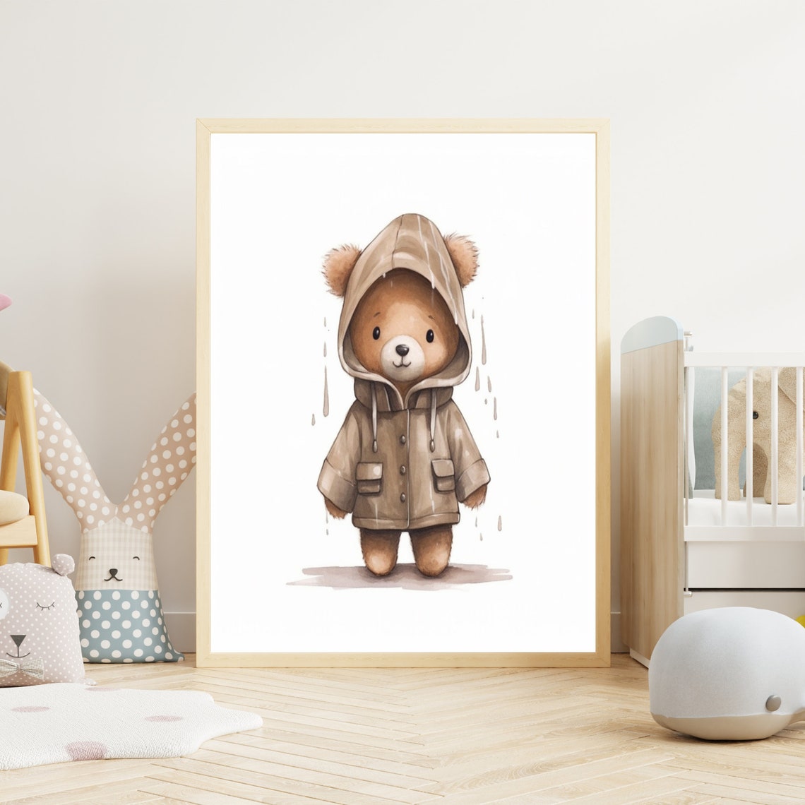 Cute Teddy Bear Brown Raincoat Hood Rainy Day Nursery Poster
