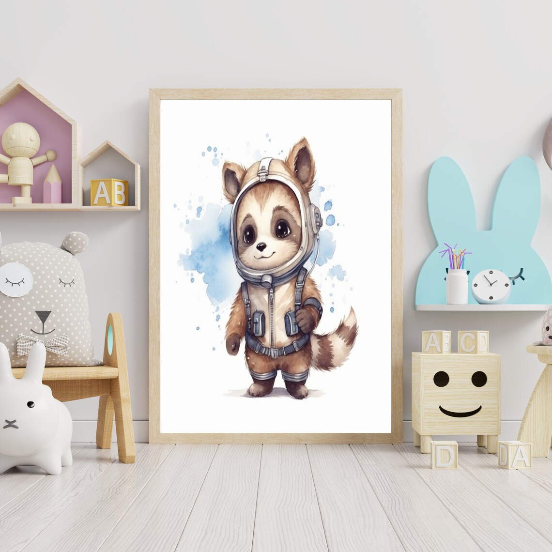 Adorable Baby Fox Astronaut Watercolor Space Theme Nursery Poster - Image 3