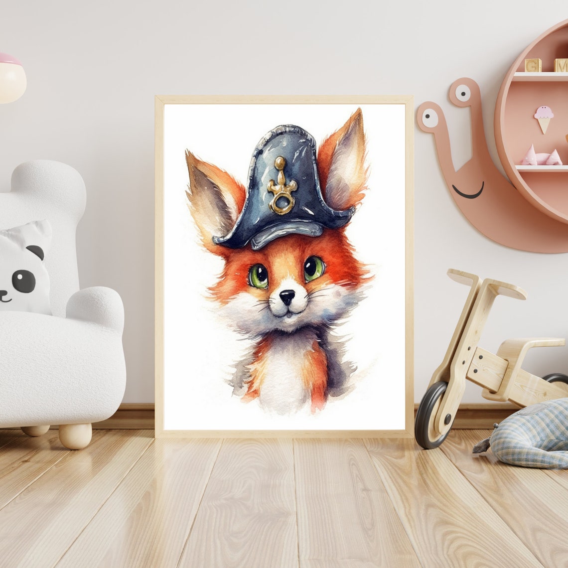 Cute Baby Fox In Pirate Captain Hat Watercolor Nursery Poster - Image 4