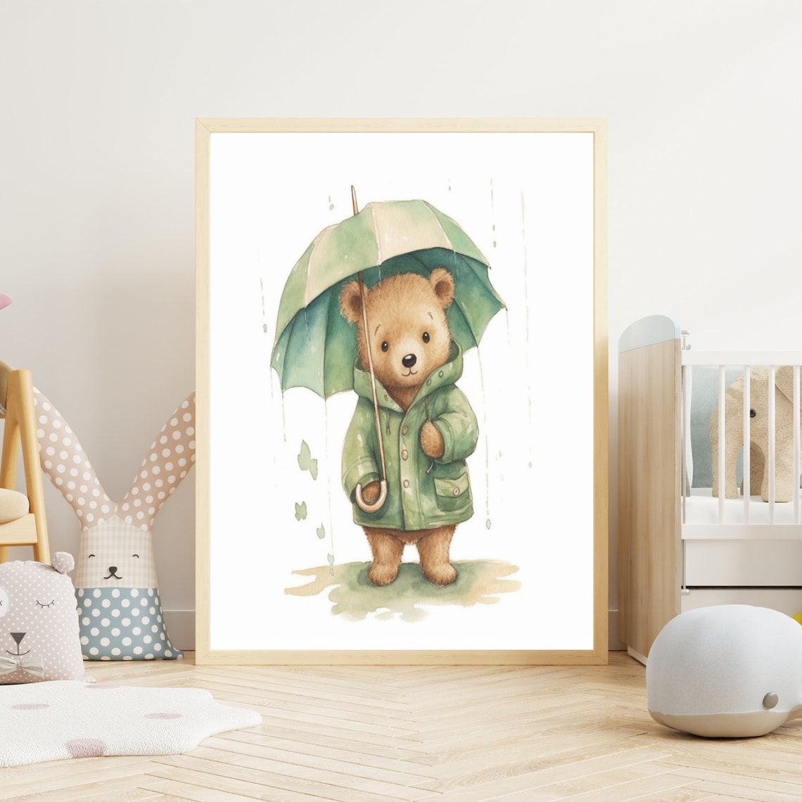 Teddy Bear in Green Raincoat with Umbrella Nursery Art Poster