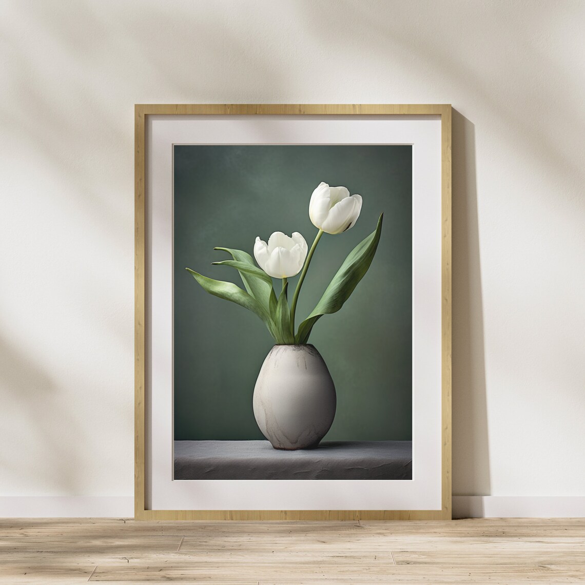 White Tulips In Gray Vase Moody Dark Botanical Photography Poster